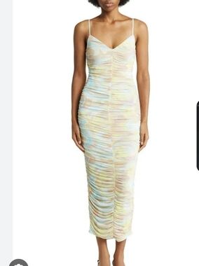 AFRN  Aloisa Ruched Mesh Midi Slipdress In Sky Marble XS Nwot